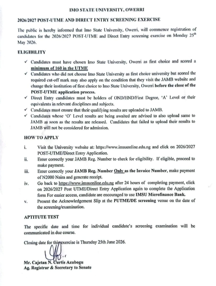 IMSU POST UTME APPLICATION FORM RELEASE