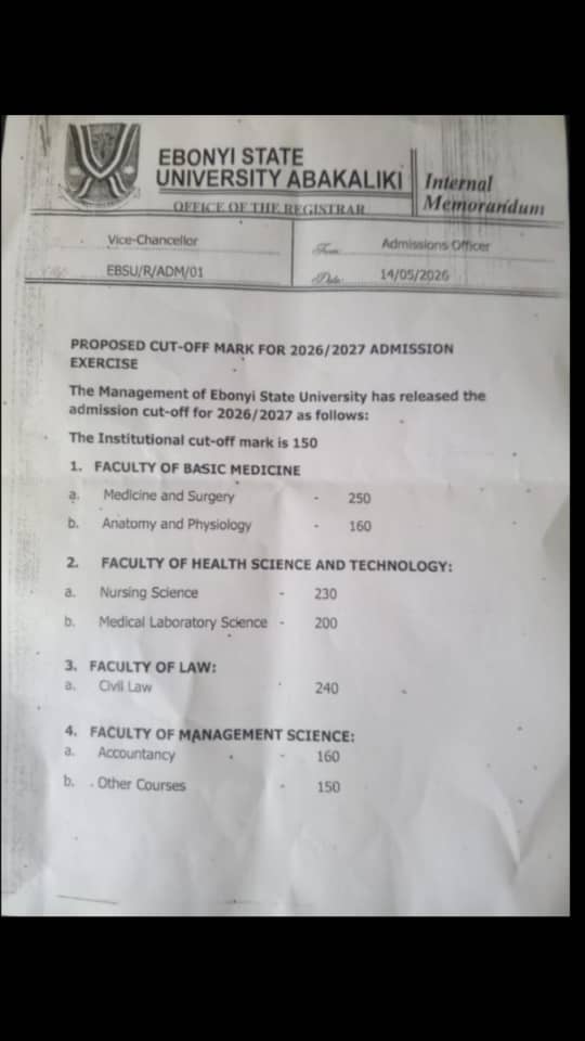 EBONYI STATE UNIVERSITY CUT OFF MARK