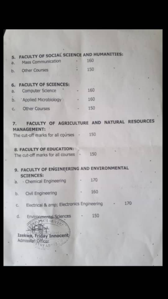 EBSU CUT OFF FOR SOME COURSES