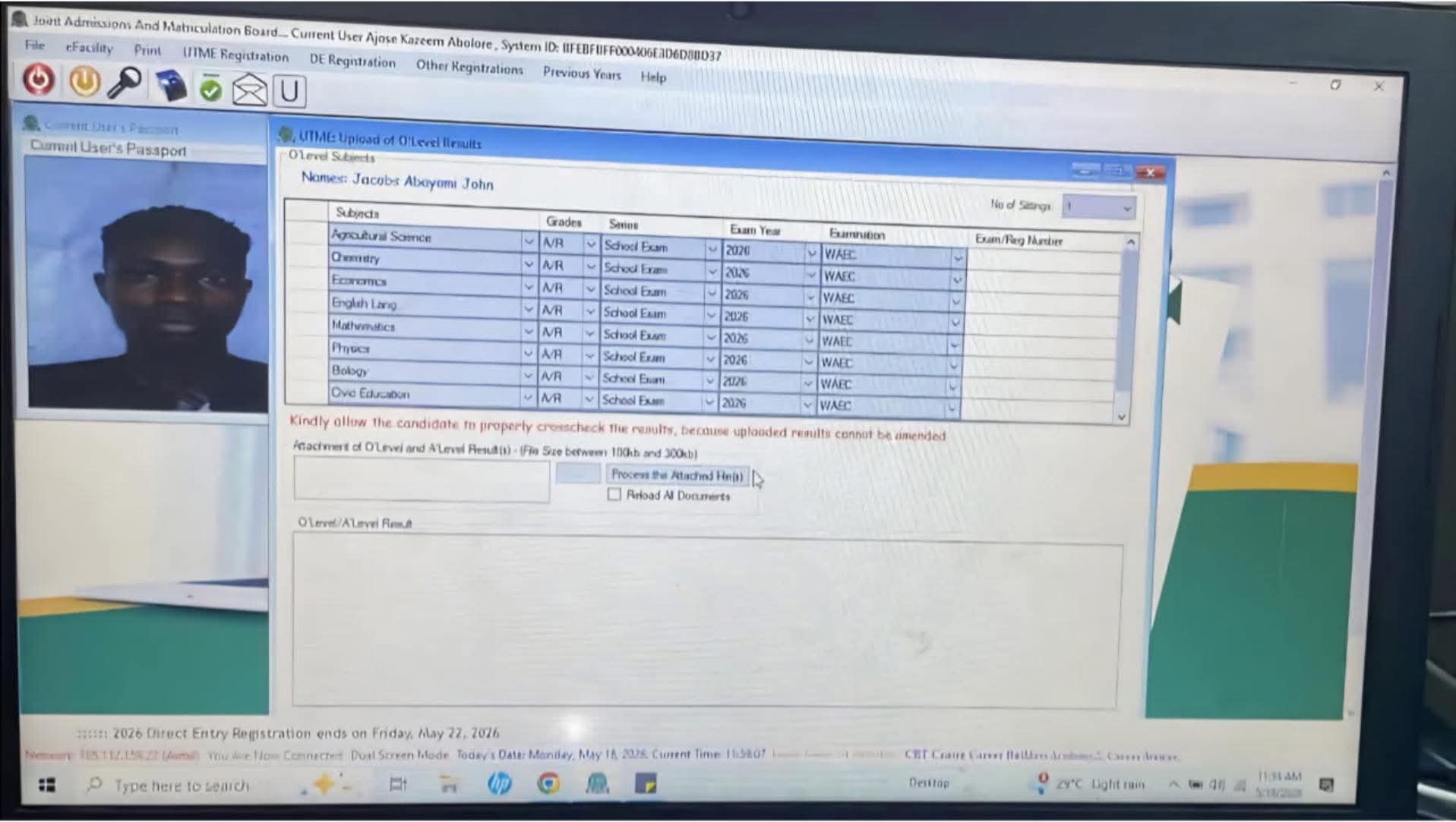 JAMB RESULT O'LEVEL UPLOAD