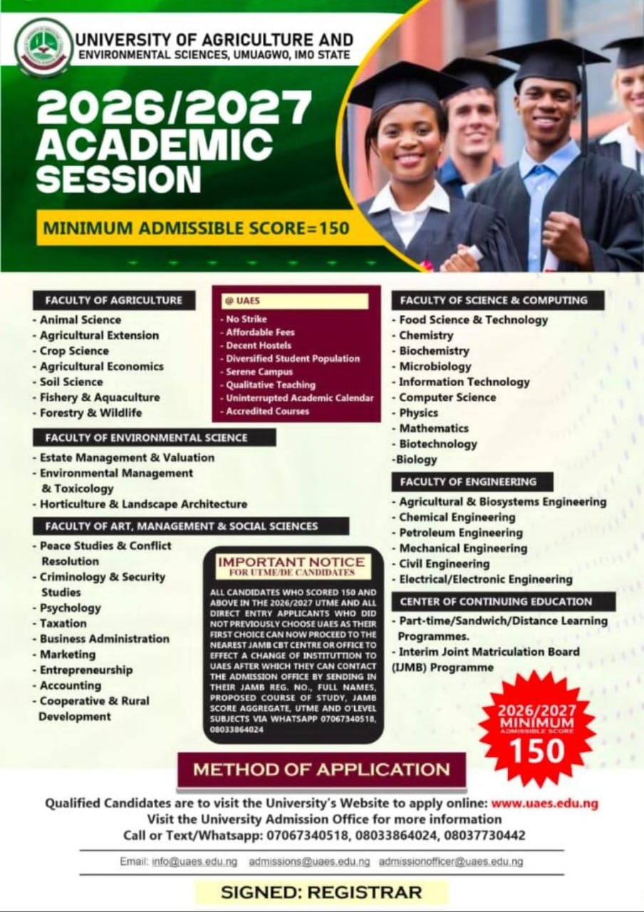 UNIVERSITY OF AGRICULTURE AND ENVIRONMENTAL SCIENCE UMUAGWO FORM RELEASE